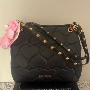 NWT Betsey Johnson Black Quilted Heart XOMia with Pink Bag Charm